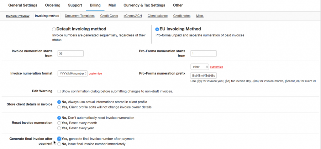 Invoicing Method settings