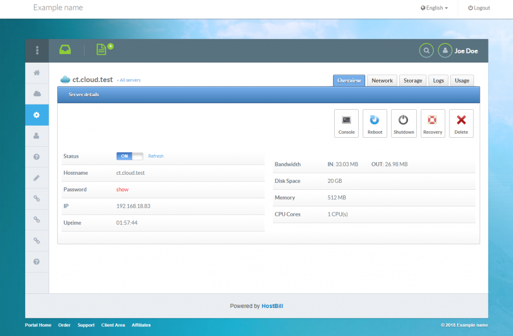 VM Overview from HostBill client interface