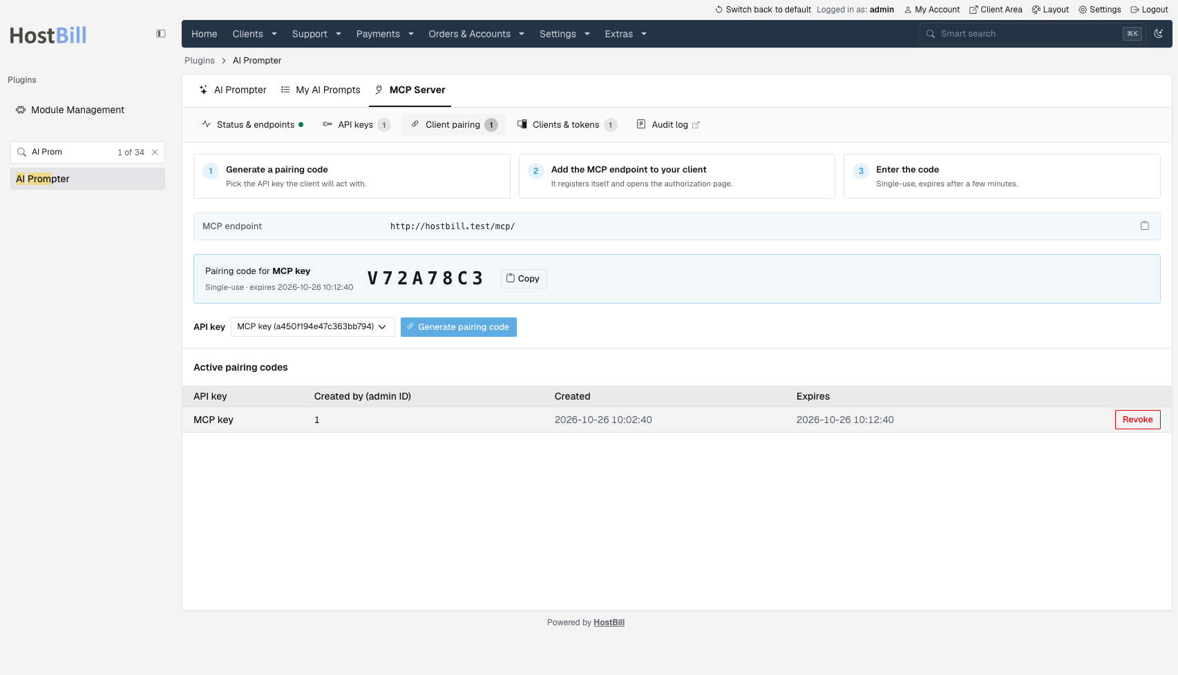 MCP Server tab in HostBill AI Prompter: generating a single-use pairing code for an API key and connecting an AI client to the MCP endpoint
